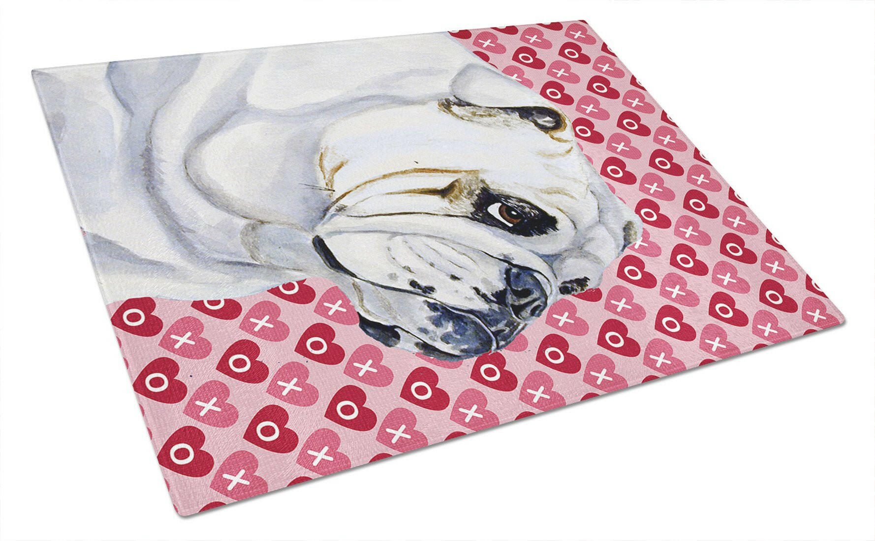 Bulldog English Hearts Love Valentine's Day Cutting Board Tempered Glass Kitchen Cutting Surface, Heat Resistant Chopping, Non-Slip Feet, Food Prep & Serving
