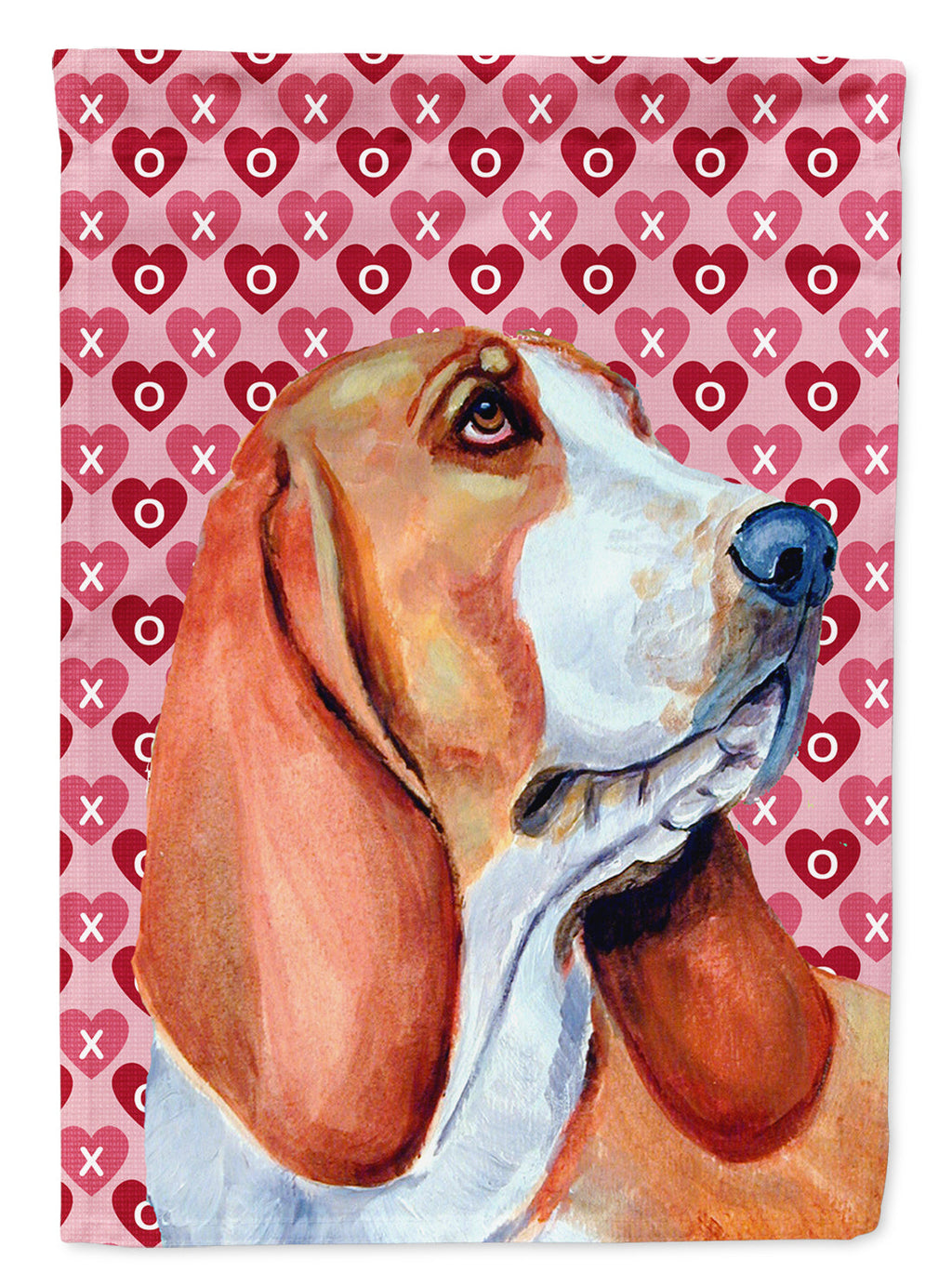 Basset Hound Hearts Love and Valentine's Day Portrait House Flag 28x40 Porch Sleeve Pole Decorative Outside Yard Banner Artwork Wall Hanging, Polyester