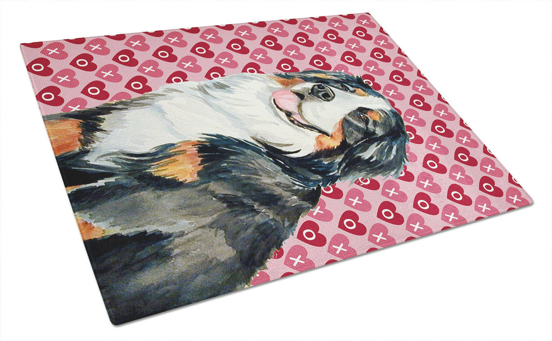 Bernese Mountain Dog Hearts Love and Valentine's Day Portrait Cutting Board Tempered Glass Kitchen Cutting Surface, Heat Resistant Chopping, Non-Slip Feet, Food Prep & Serving
