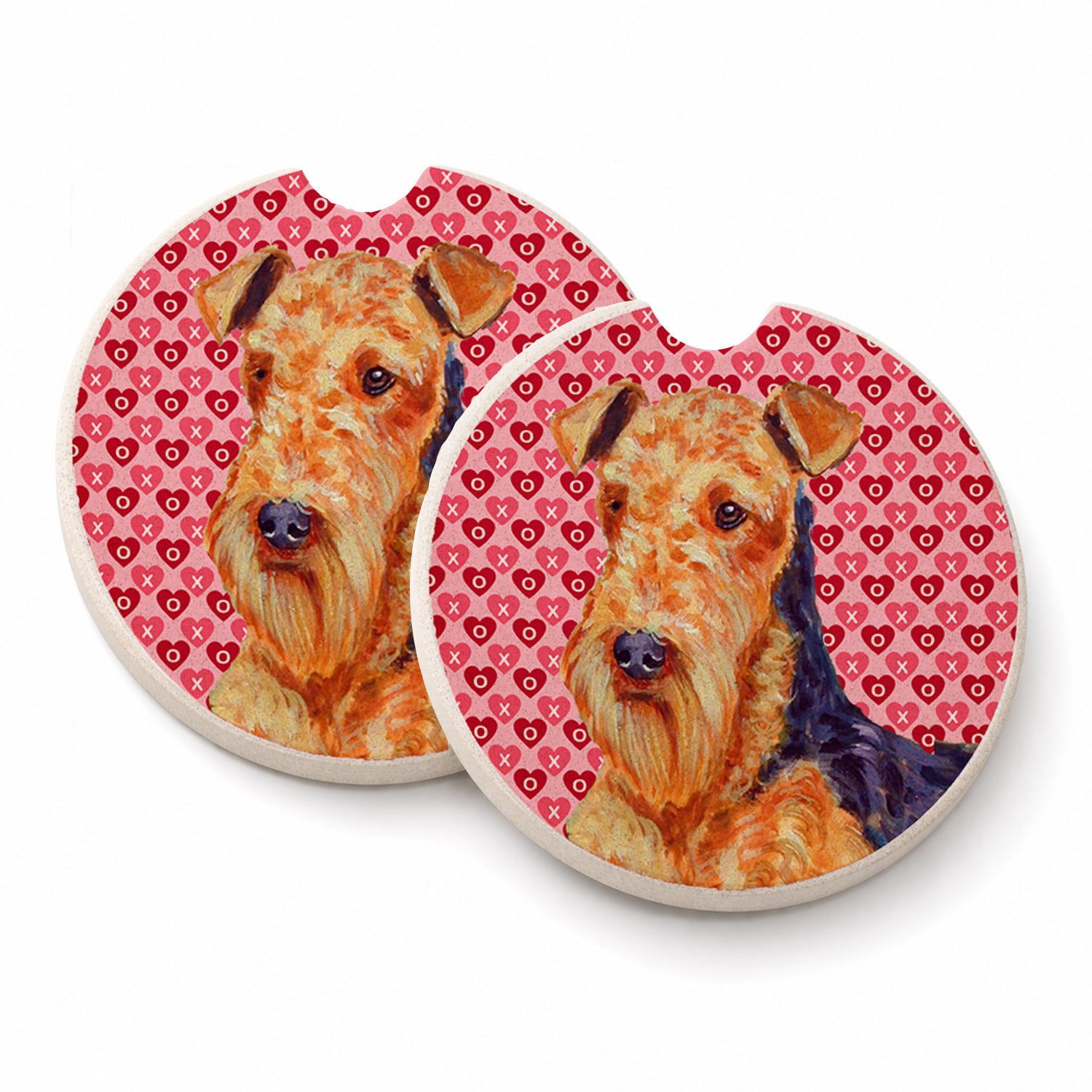 Airedale Hearts Love and Valentine's Day Portrait Set of 2 Cup Holder Car Coasters Absorbent Round Sandstone Coasters Gifts for Men or Women, 2.5, Multicolor