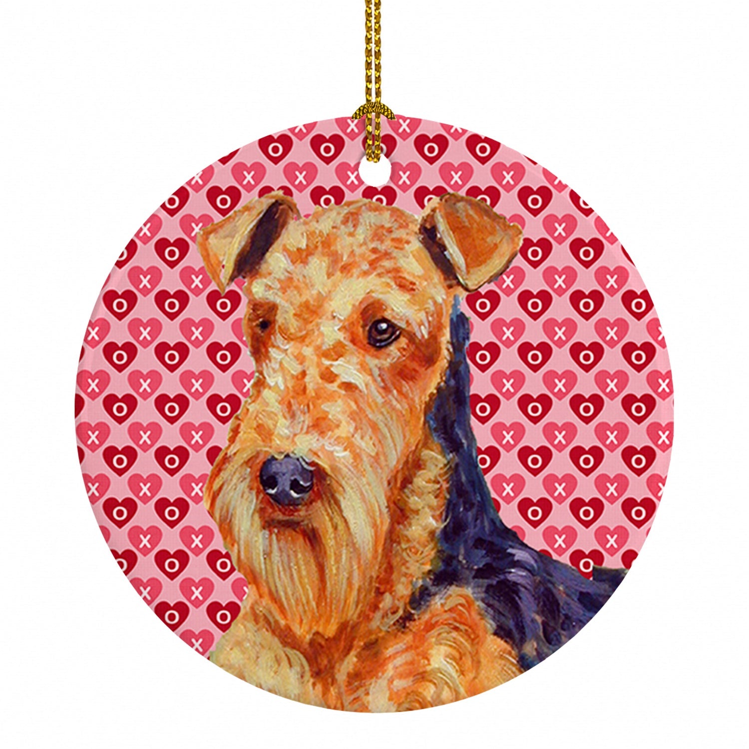 Airedale Hearts Love and Valentine's Day Portrait Ceramic Ornament Christmas Tree Hanging Decorations for Home Christmas Holiday, Party, Gift, 3 in, Multicolor