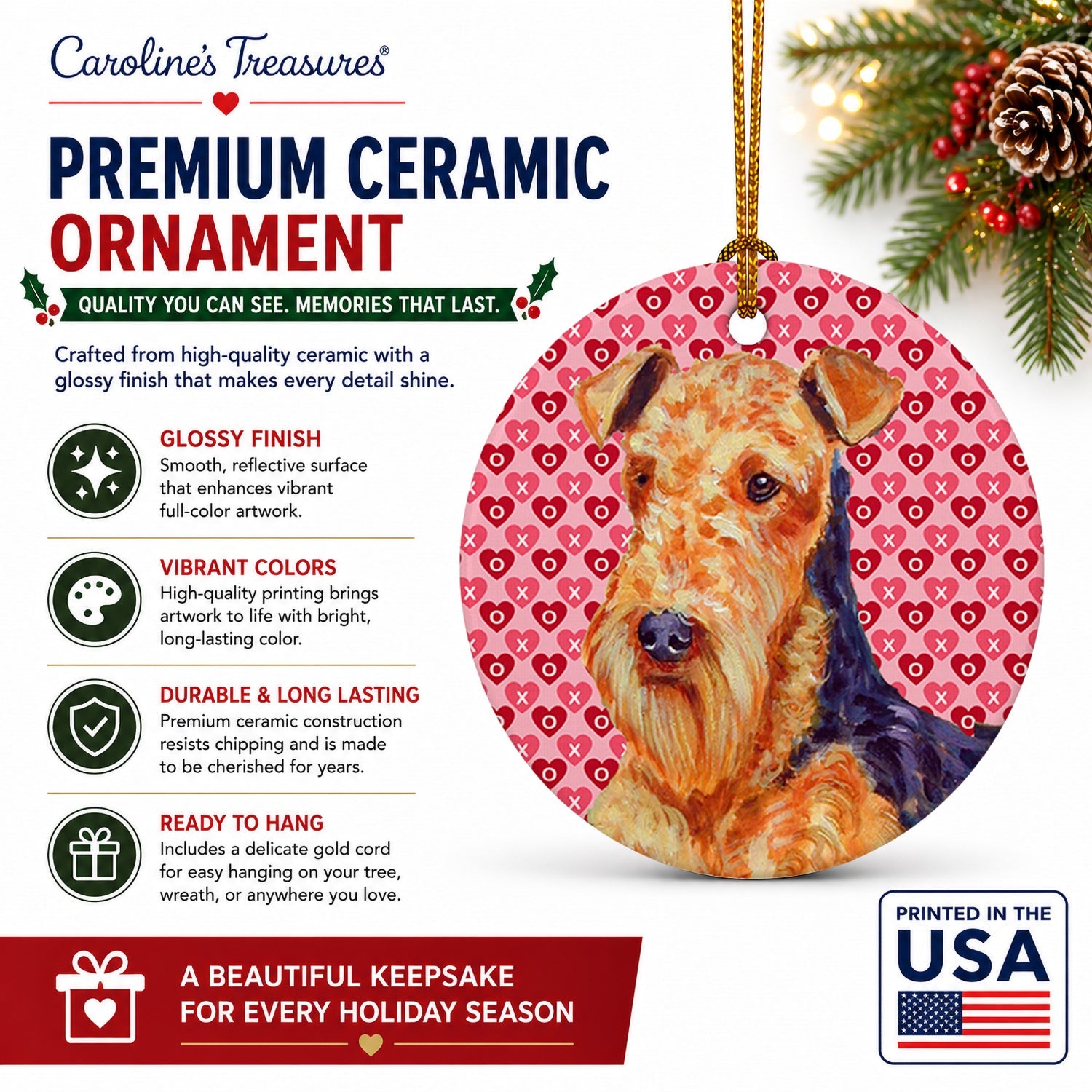 Airedale Hearts Love and Valentine's Day Portrait Ceramic Ornament Christmas Tree Hanging Decorations for Home Christmas Holiday, Party, Gift, 3 in, Multicolor