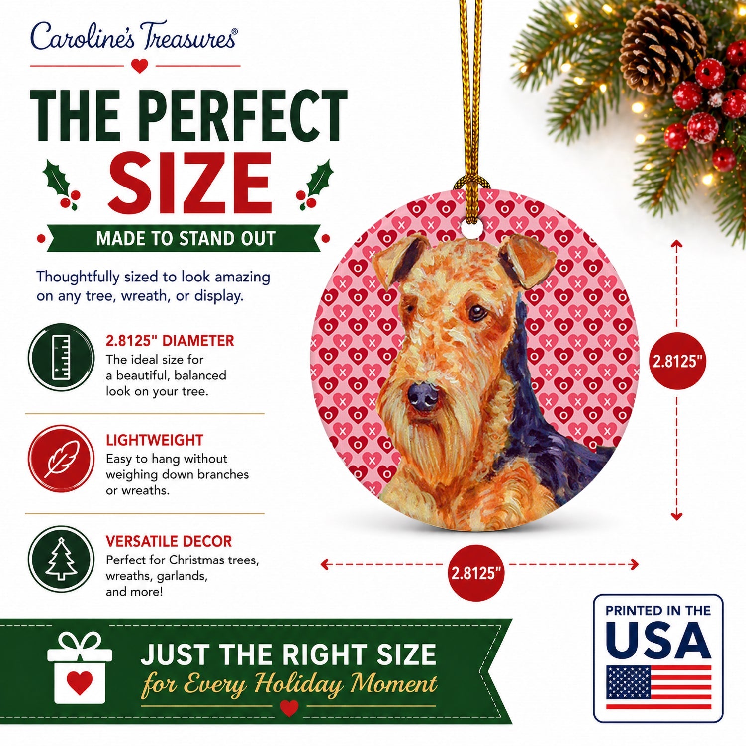 Airedale Hearts Love and Valentine's Day Portrait Ceramic Ornament Christmas Tree Hanging Decorations for Home Christmas Holiday, Party, Gift, 3 in, Multicolor