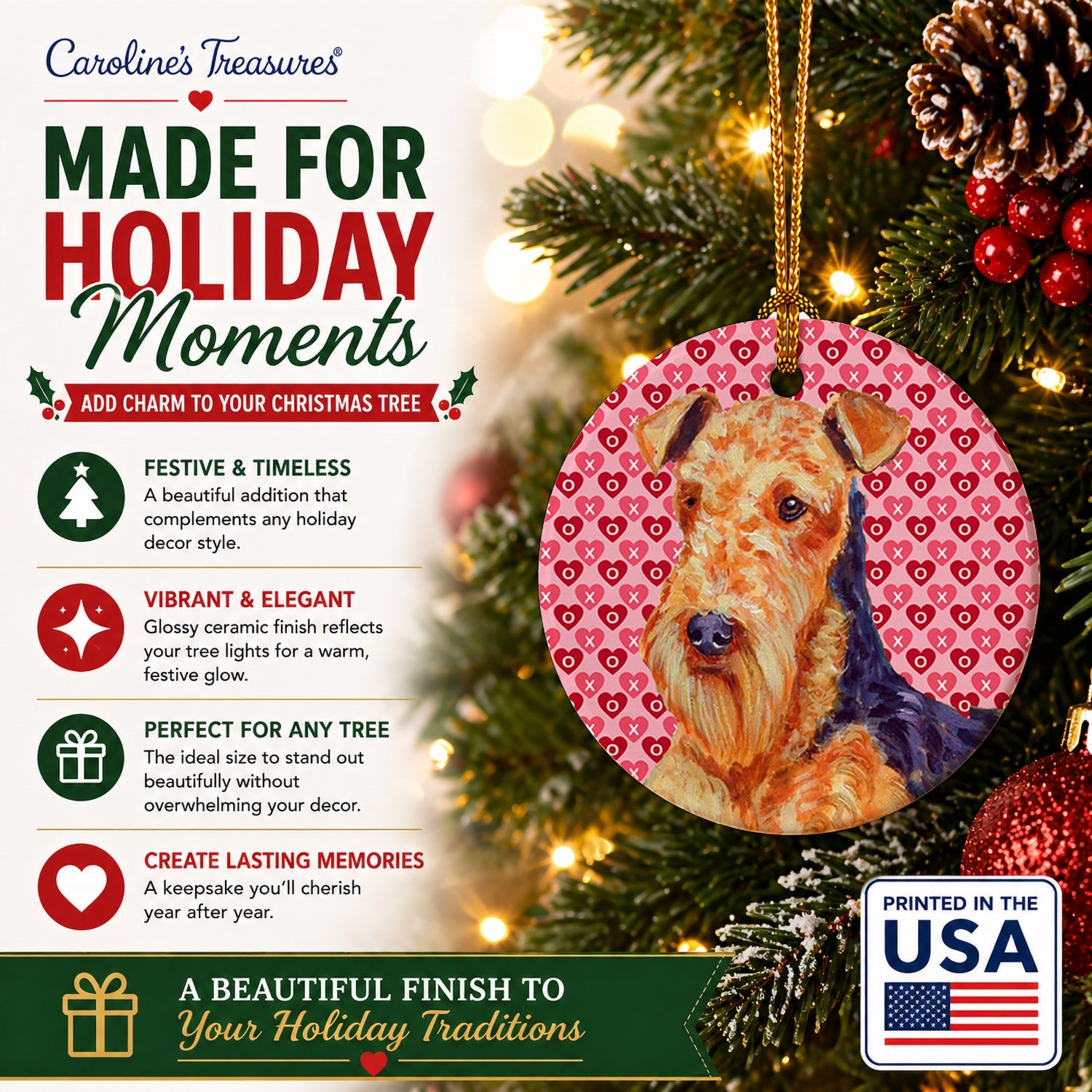 Airedale Hearts Love and Valentine's Day Portrait Ceramic Ornament Christmas Tree Hanging Decorations for Home Christmas Holiday, Party, Gift, 3 in, Multicolor