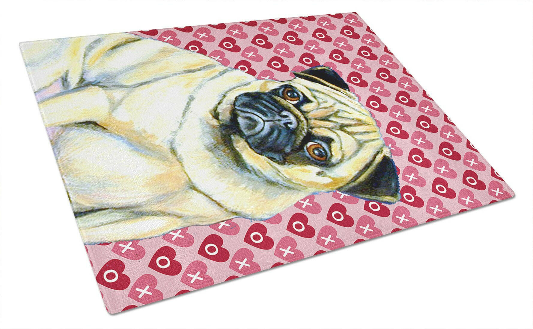 Pug Hearts Love and Valentine's Day Portrait Cutting Board Tempered Glass Kitchen Cutting Surface, Heat Resistant Chopping, Non-Slip Feet, Food Prep & Serving