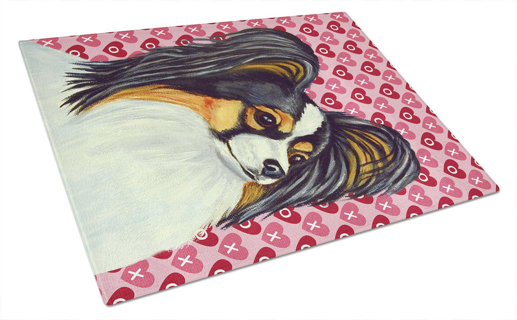 Papillon Hearts Love and Valentine's Day Portrait Cutting Board Tempered Glass Kitchen Cutting Surface, Heat Resistant Chopping, Non-Slip Feet, Food Prep & Serving