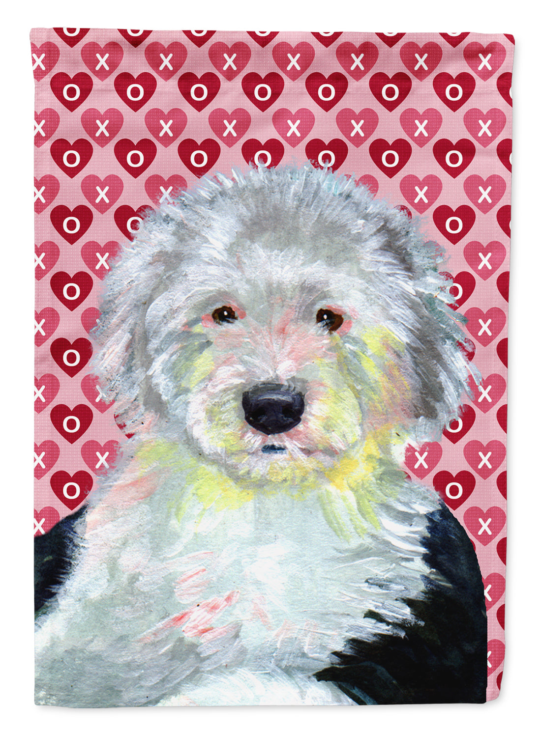 Old English Sheepdog Hearts Love and Valentine's Day Portrait House Flag 28x40 Porch Sleeve Pole Decorative Outside Yard Banner Artwork Wall Hanging, Polyester