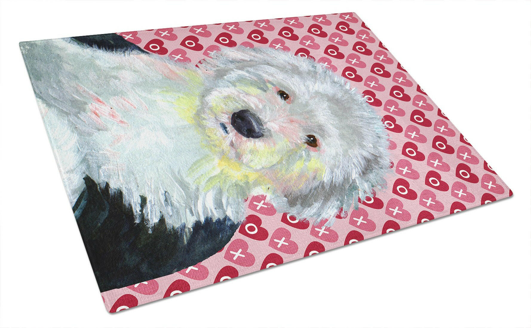 Old English Sheepdog Hearts Love and Valentine's Day Portrait Cutting Board Tempered Glass Kitchen Cutting Surface, Heat Resistant Chopping, Non-Slip Feet, Food Prep & Serving