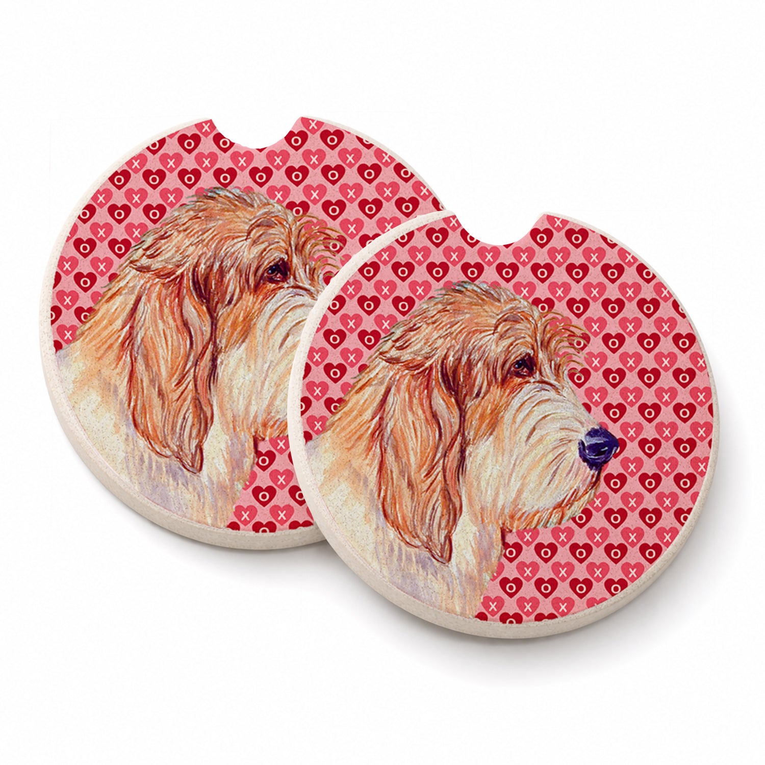 Petit Basset Griffon Vendeen Hearts Love Valentine's Day Set of 2 Cup Holder Car Coasters Absorbent Round Sandstone Coasters Gifts for Men or Women, 2.5, Multicolor