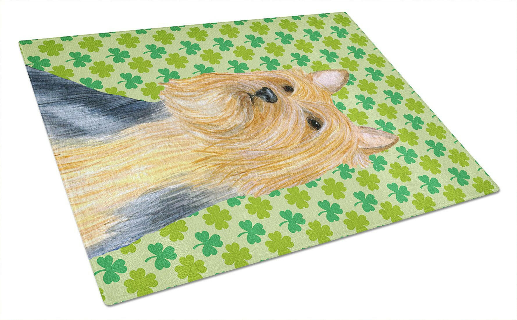 Silky Terrier St. Patrick's Day Shamrock Portrait Cutting Board Tempered Glass Kitchen Cutting Surface, Heat Resistant Chopping, Non-Slip Feet, Food Prep & Serving
