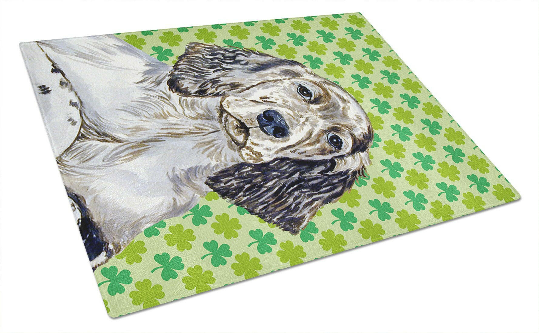 English Setter St. Patrick's Day Shamrock Portrait Cutting Board Tempered Glass Kitchen Cutting Surface, Heat Resistant Chopping, Non-Slip Feet, Food Prep & Serving