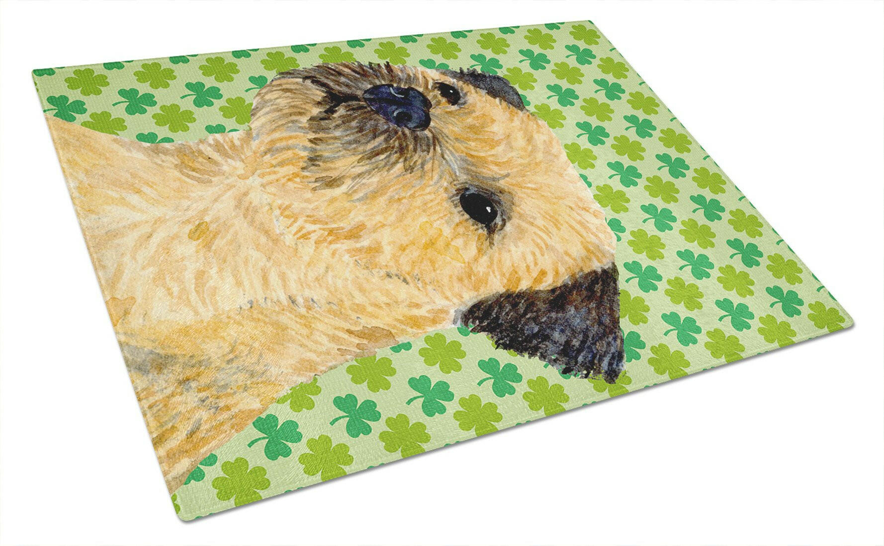 Border Terrier St. Patrick's Day Shamrock Portrait Cutting Board Tempered Glass Kitchen Cutting Surface, Heat Resistant Chopping, Non-Slip Feet, Food Prep & Serving