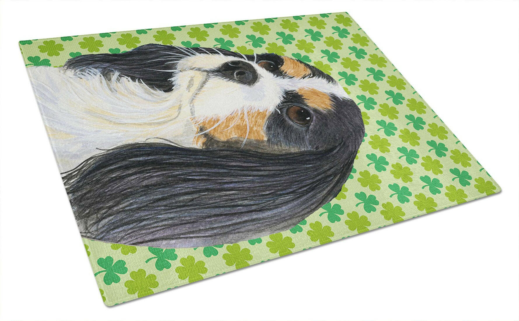 Cavalier Spaniel St. Patrick's Day Shamrock Portrait Cutting Board Tempered Glass Kitchen Cutting Surface, Heat Resistant Chopping, Non-Slip Feet, Food Prep & Serving