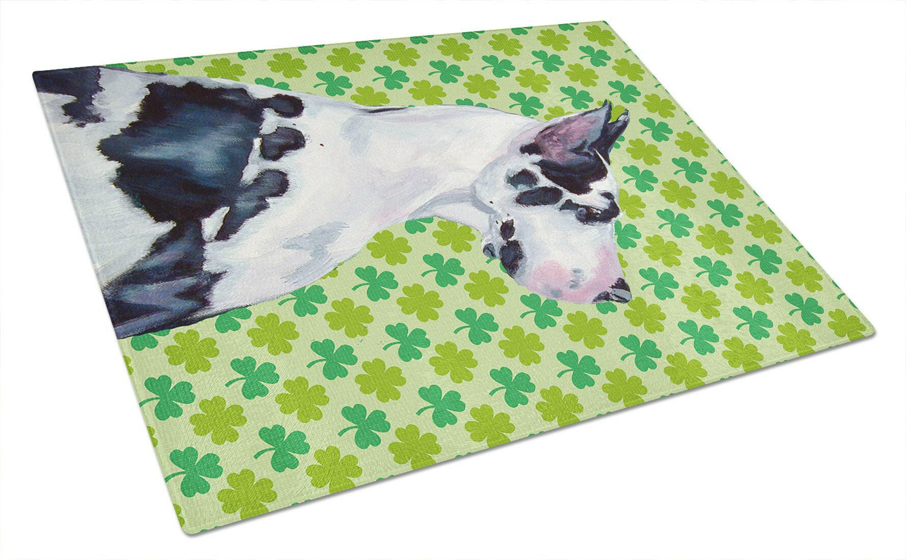 Great Dane St. Patrick's Day Shamrock Portrait Cutting Board Tempered Glass Kitchen Cutting Surface, Heat Resistant Chopping, Non-Slip Feet, Food Prep & Serving
