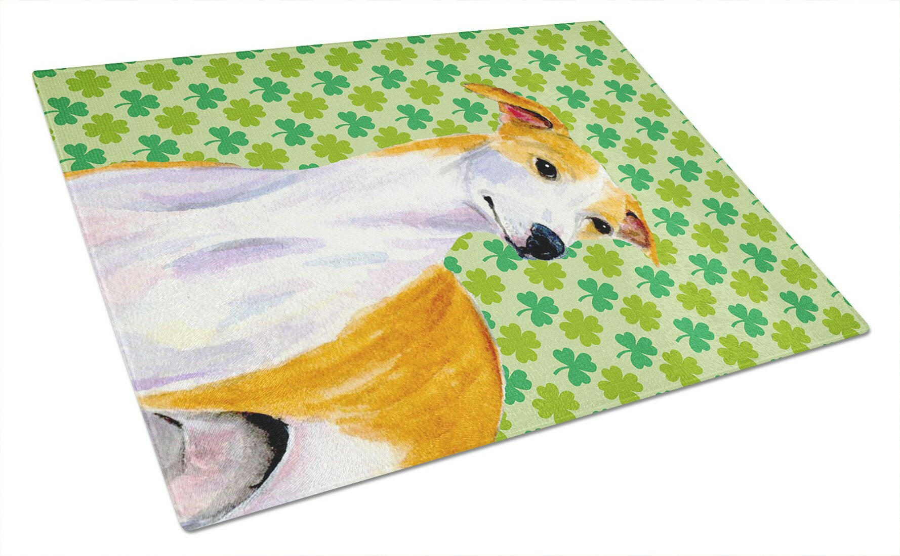 Whippet St. Patrick's Day Shamrock Portrait Cutting Board Tempered Glass Kitchen Cutting Surface, Heat Resistant Chopping, Non-Slip Feet, Food Prep & Serving