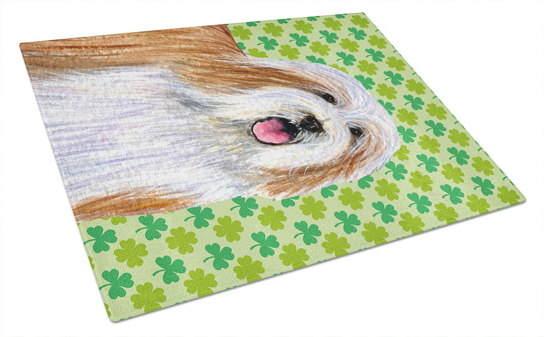 Bearded Collie St. Patrick's Day Shamrock Portrait Cutting Board Tempered Glass Kitchen Cutting Surface, Heat Resistant Chopping, Non-Slip Feet, Food Prep & Serving