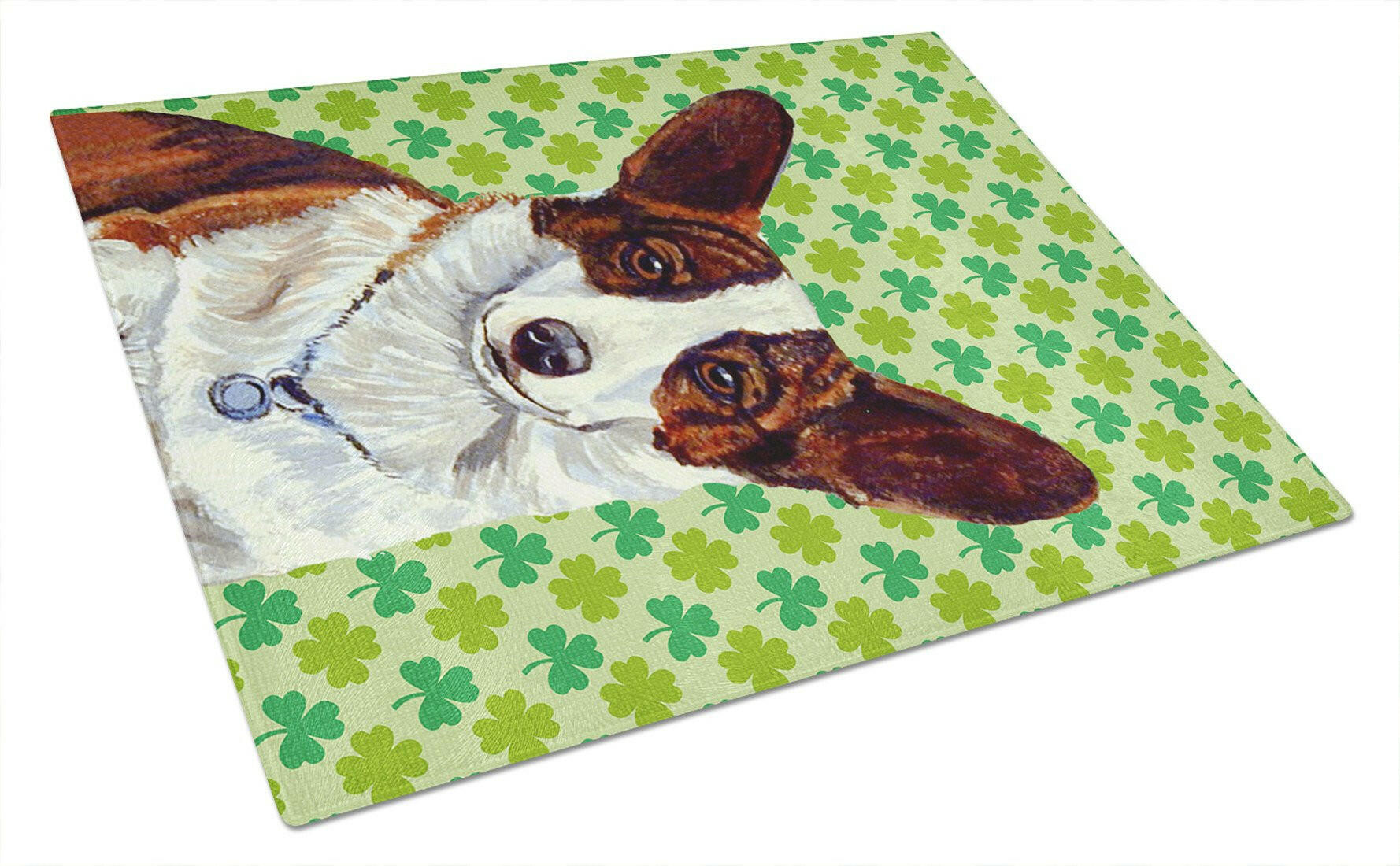 Corgi St. Patrick's Day Shamrock Portrait Cutting Board Tempered Glass Kitchen Cutting Surface, Heat Resistant Chopping, Non-Slip Feet, Food Prep & Serving