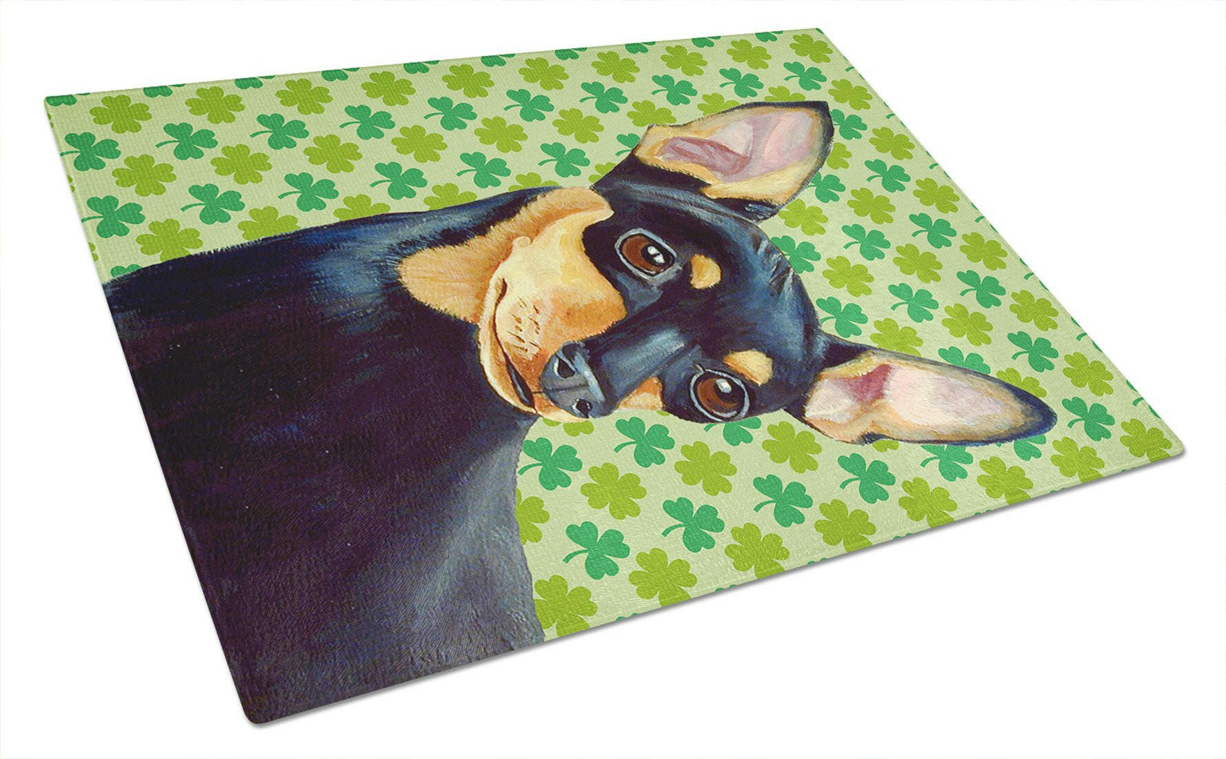 Min Pin St. Patrick's Day Shamrock Portrait Cutting Board Tempered Glass Kitchen Cutting Surface, Heat Resistant Chopping, Non-Slip Feet, Food Prep & Serving
