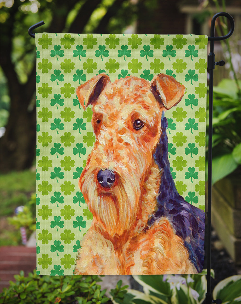 Airedale St. Patrick's Day Shamrock Portrait Garden Flag Mailbox Decorative Yard Banner Outside Patio Artwork for Flower Beds, Garden Size, Multicolor