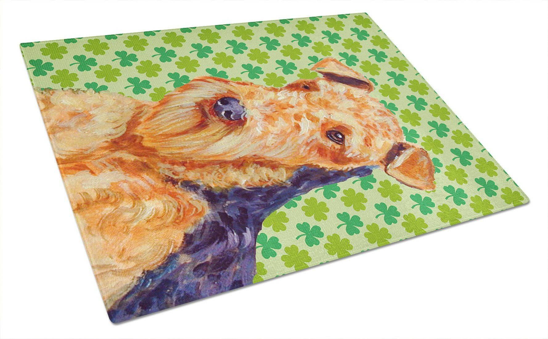 Airedale St. Patrick's Day Shamrock Portrait Cutting Board Tempered Glass Kitchen Cutting Surface, Heat Resistant Chopping, Non-Slip Feet, Food Prep & Serving