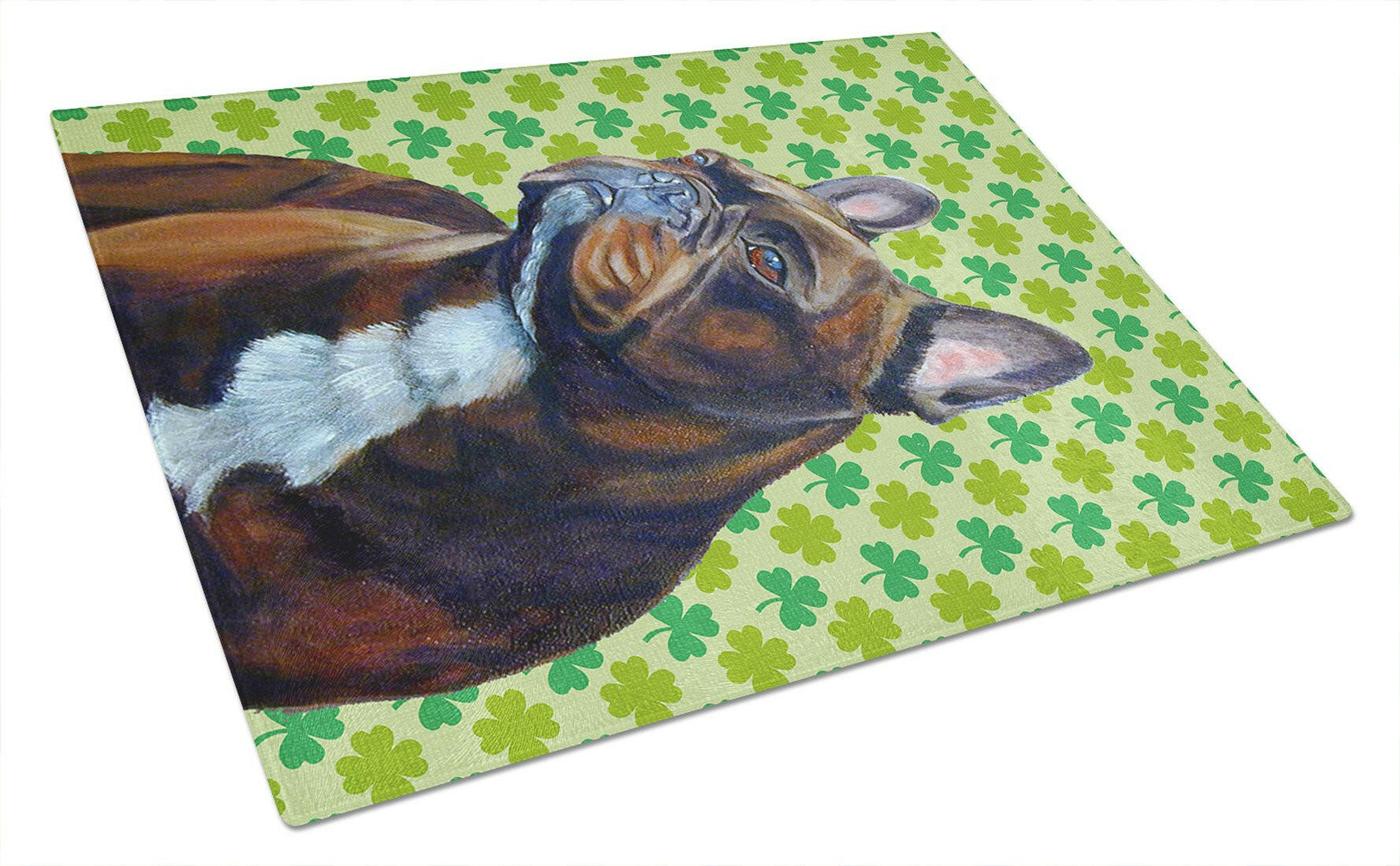French Bulldog St. Patrick's Day Shamrock Portrait Cutting Board Tempered Glass Kitchen Cutting Surface, Heat Resistant Chopping, Non-Slip Feet, Food Prep & Serving