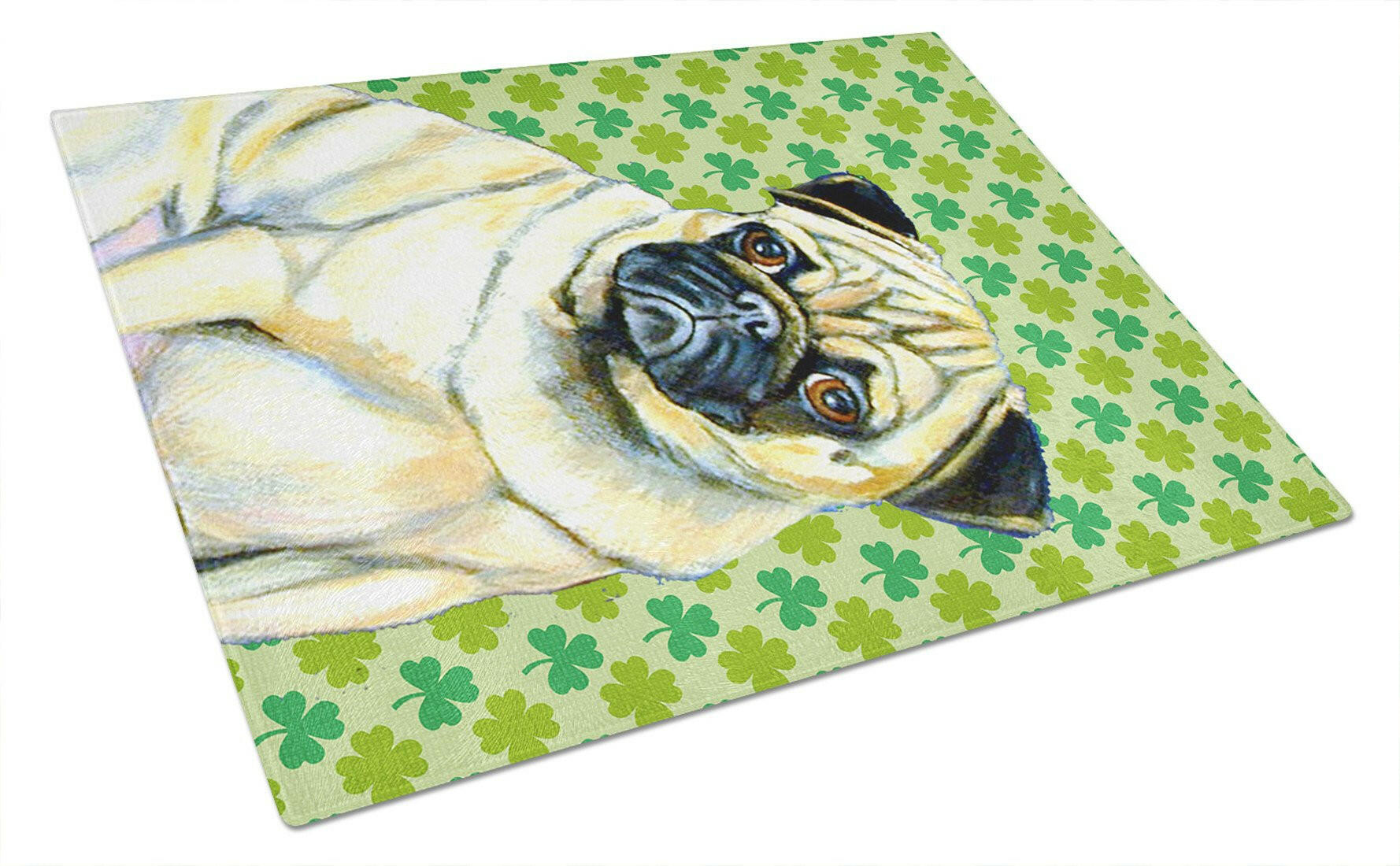Pug St. Patrick's Day Shamrock Portrait Cutting Board Tempered Glass Kitchen Cutting Surface, Heat Resistant Chopping, Non-Slip Feet, Food Prep & Serving