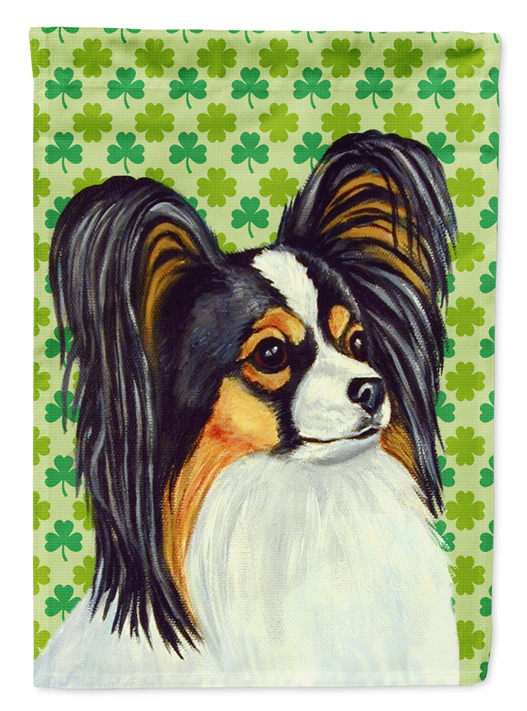 Papillon St. Patrick's Day Shamrock Portrait House Flag 28x40 Porch Sleeve Pole Decorative Outside Yard Banner Artwork Wall Hanging, Polyester