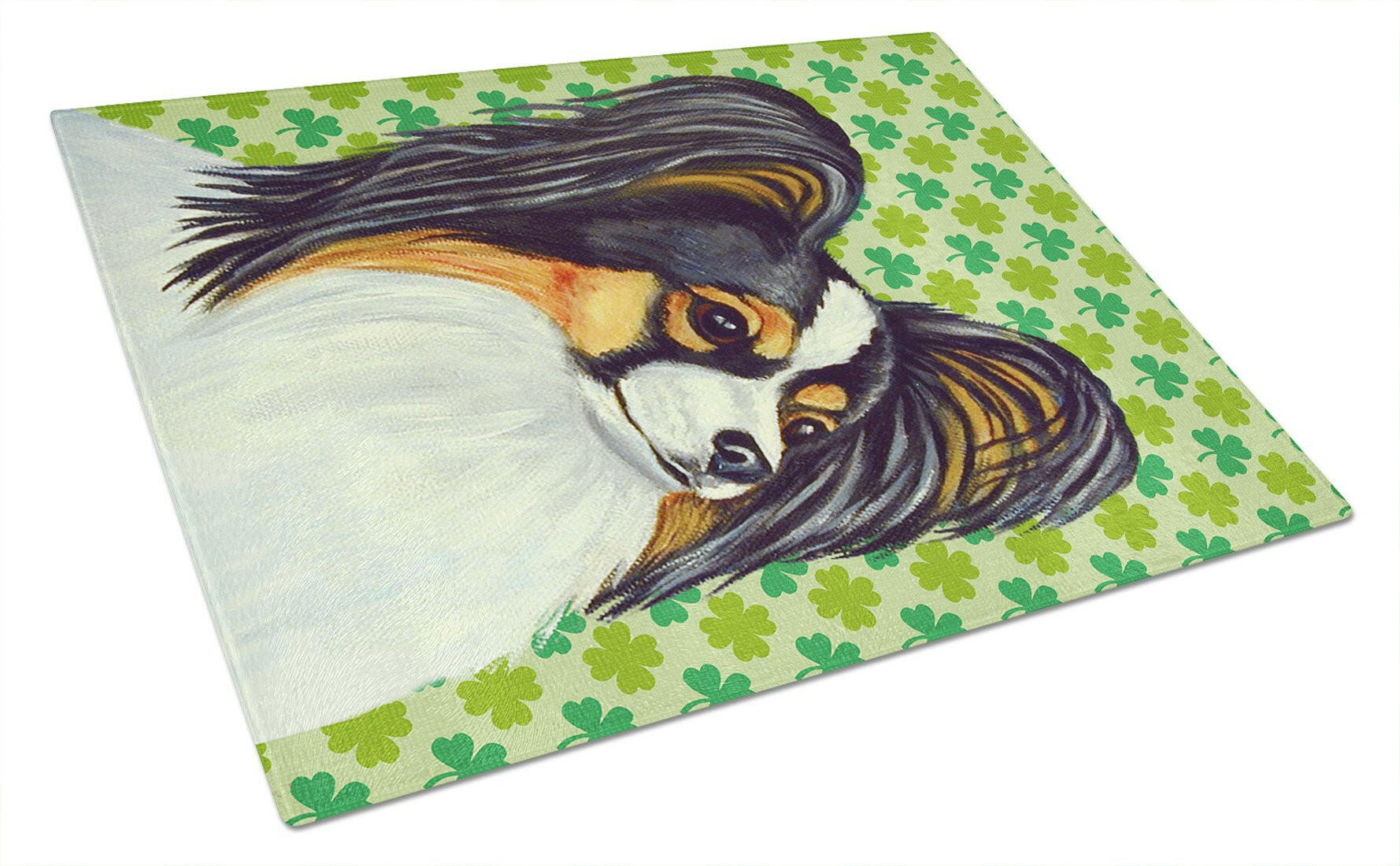 Papillon St. Patrick's Day Shamrock Portrait Cutting Board Tempered Glass Kitchen Cutting Surface, Heat Resistant Chopping, Non-Slip Feet, Food Prep & Serving