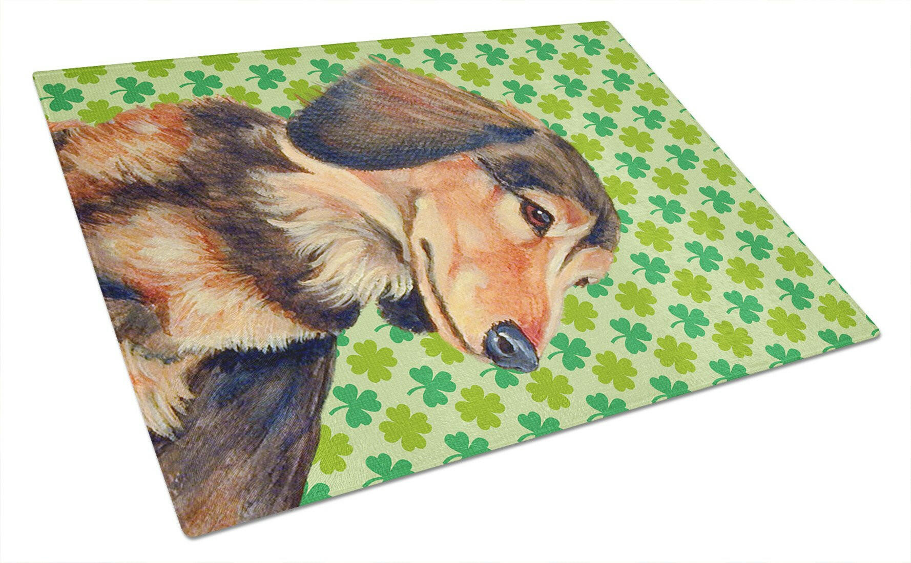 Dachshund St. Patrick's Day Shamrock Portrait Cutting Board Tempered Glass Kitchen Cutting Surface, Heat Resistant Chopping, Non-Slip Feet, Food Prep & Serving