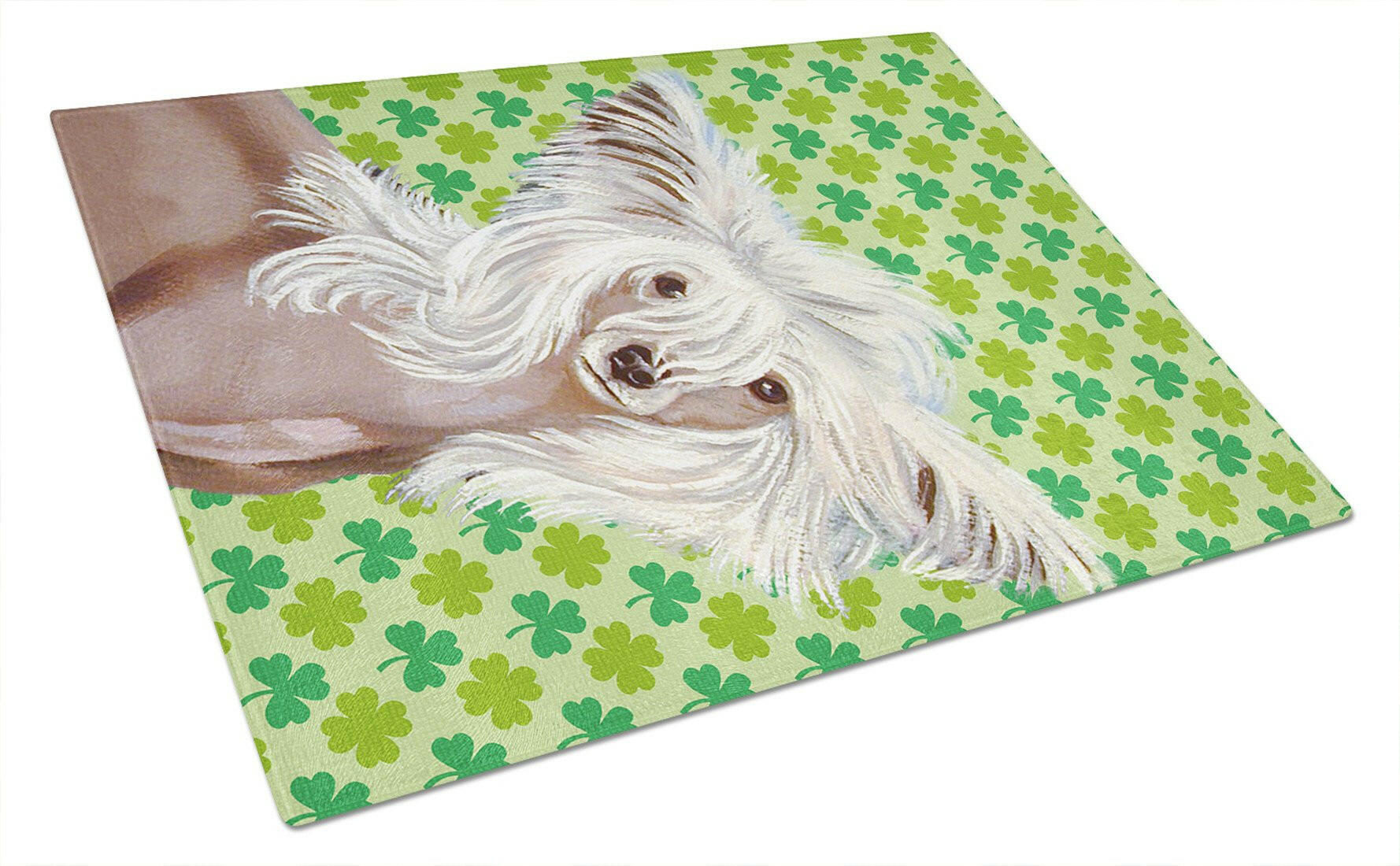 Chinese Crested St. Patrick's Day Shamrock Portrait Cutting Board Tempered Glass Kitchen Cutting Surface, Heat Resistant Chopping, Non-Slip Feet, Food Prep & Serving