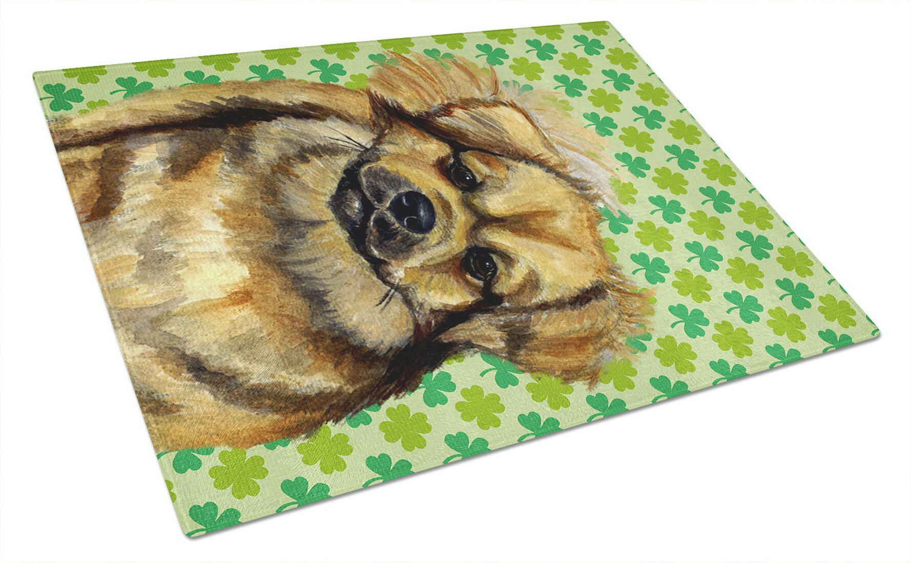 Tibetan Spaniel St. Patrick's Day Shamrock Portrait Cutting Board Tempered Glass Kitchen Cutting Surface, Heat Resistant Chopping, Non-Slip Feet, Food Prep & Serving