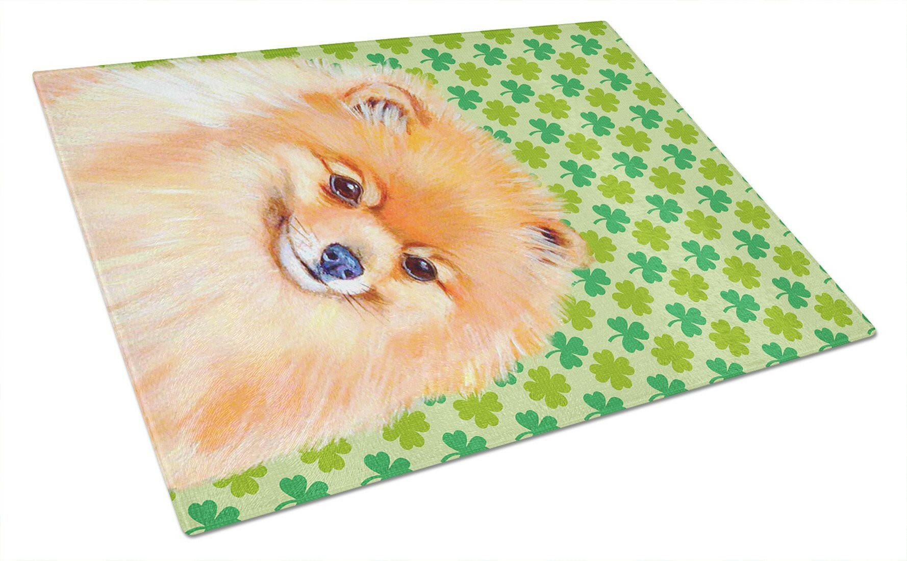 Pomeranian St. Patrick's Day Shamrock Portrait Cutting Board Tempered Glass Kitchen Cutting Surface, Heat Resistant Chopping, Non-Slip Feet, Food Prep & Serving
