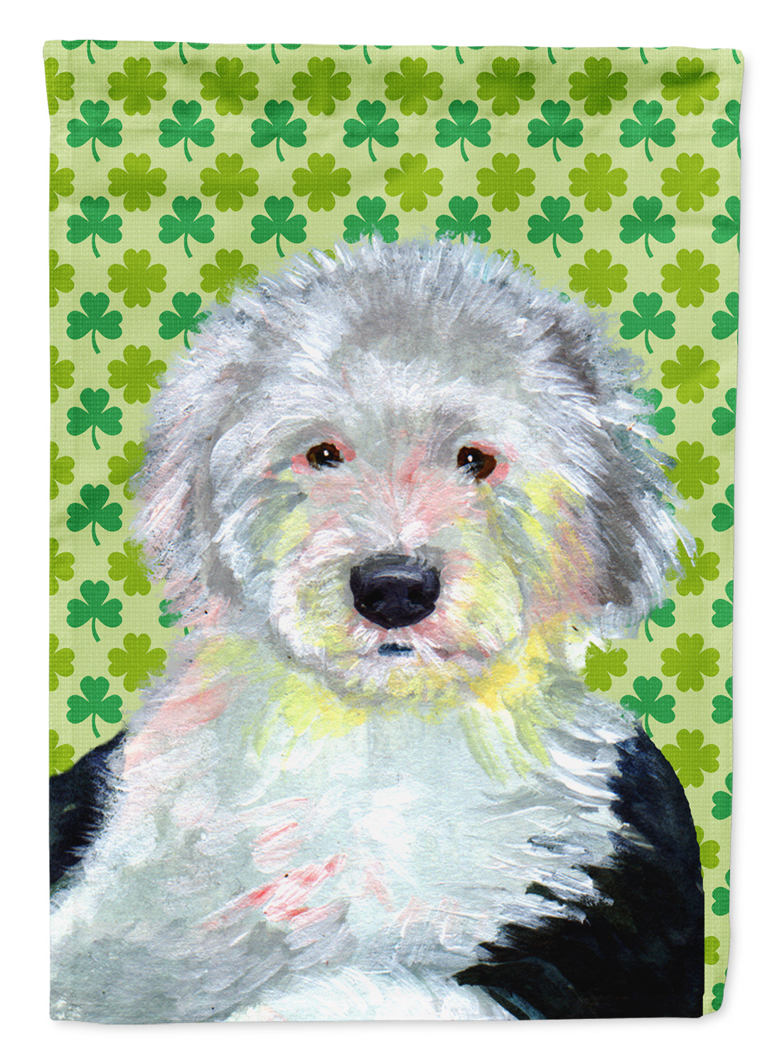 Old English Sheepdog St. Patrick's Day Shamrock Portrait House Flag 28x40 Porch Sleeve Pole Decorative Outside Yard Banner Artwork Wall Hanging, Polyester