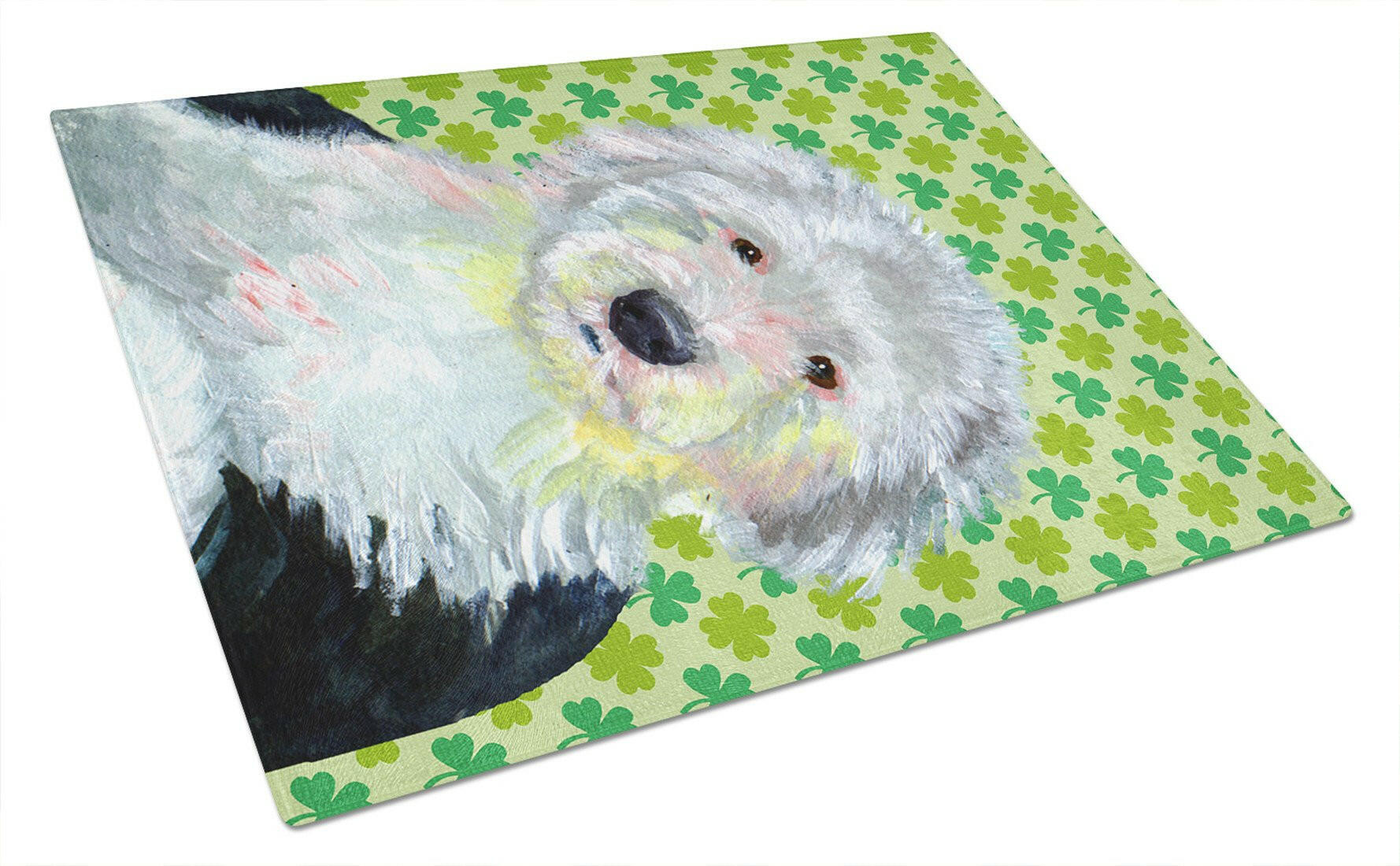 Old English Sheepdog St. Patrick's Day Shamrock Portrait Cutting Board Tempered Glass Kitchen Cutting Surface, Heat Resistant Chopping, Non-Slip Feet, Food Prep & Serving