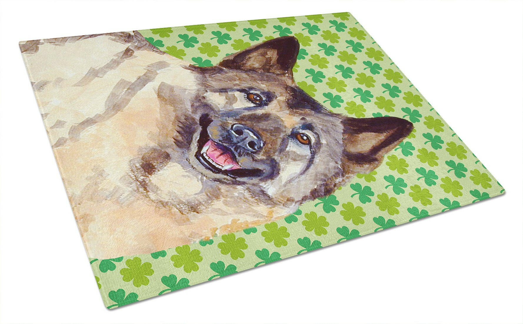 Norwegian Elkhound St. Patrick's Day Shamrock Portrait Cutting Board Tempered Glass Kitchen Cutting Surface, Heat Resistant Chopping, Non-Slip Feet, Food Prep & Serving
