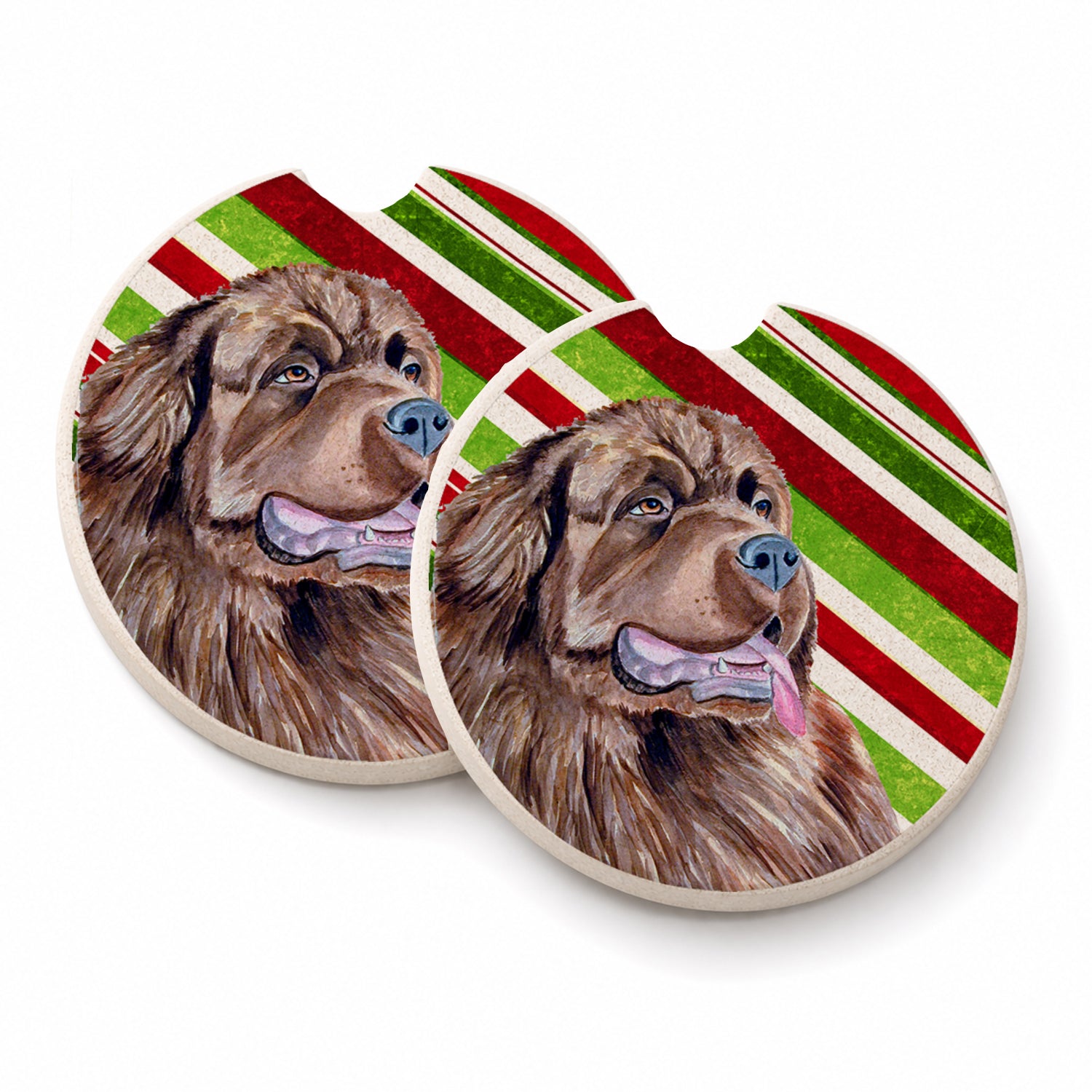 Newfoundland Candy Cane Holiday Christmas Set of 2 Cup Holder Car Coasters Absorbent Round Sandstone Coasters Gifts for Men or Women, 2.5, Multicolor