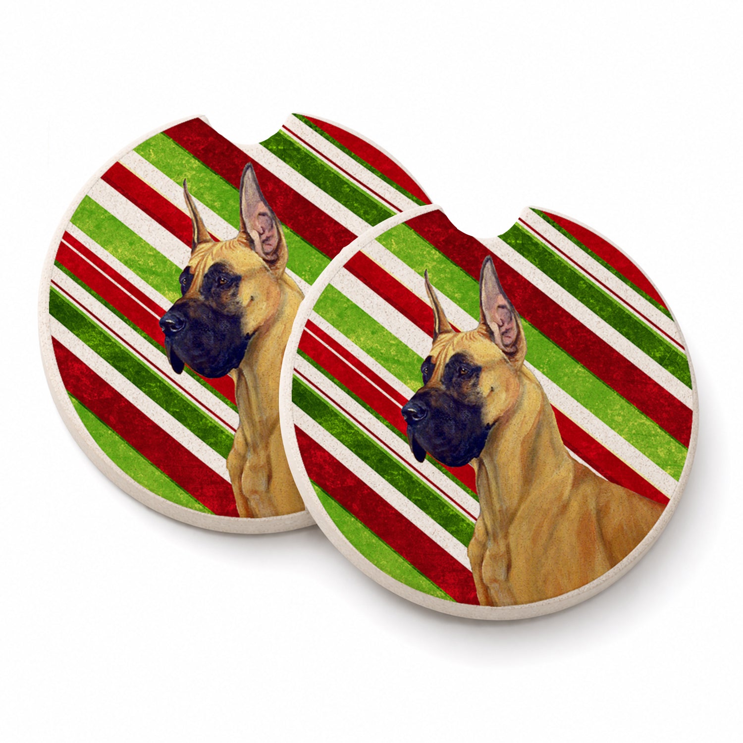 Great Dane Candy Cane Holiday Christmas Set of 2 Cup Holder Car Coasters Absorbent Round Sandstone Coasters Gifts for Men or Women, 2.5, Multicolor