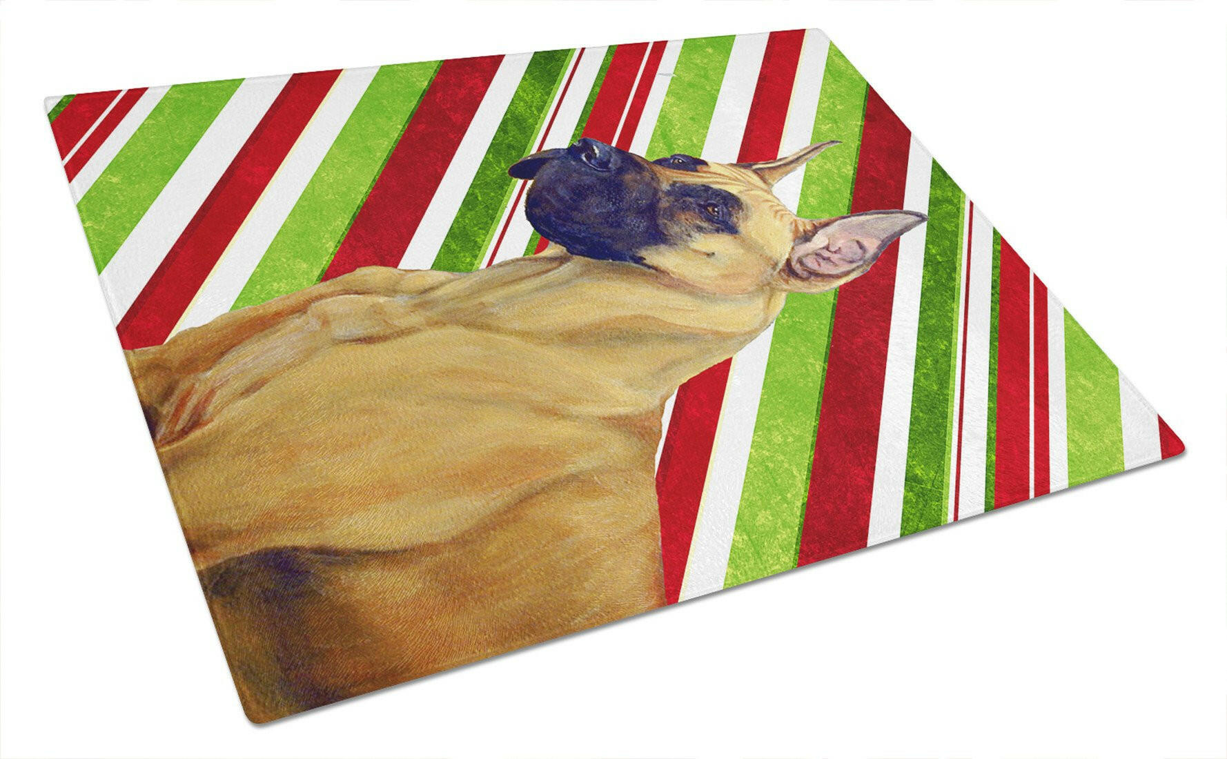Great Dane Candy Cane Holiday Christmas Cutting Board Tempered Glass Kitchen Cutting Surface, Heat Resistant Chopping, Non-Slip Feet, Food Prep & Serving