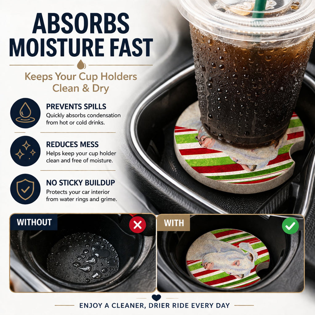 Great Dane Candy Cane Holiday Christmas Set of 2 Cup Holder Car Coasters Absorbent Round Sandstone Coasters Gifts for Men or Women, 2.5, Multicolor