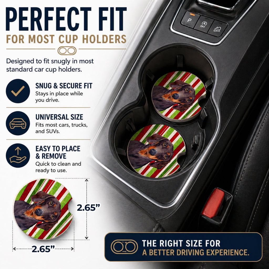 Dachshund Candy Cane Holiday Christmas Set of 2 Cup Holder Car Coasters Absorbent Round Sandstone Coasters Gifts for Men or Women, 2.5, Multicolor