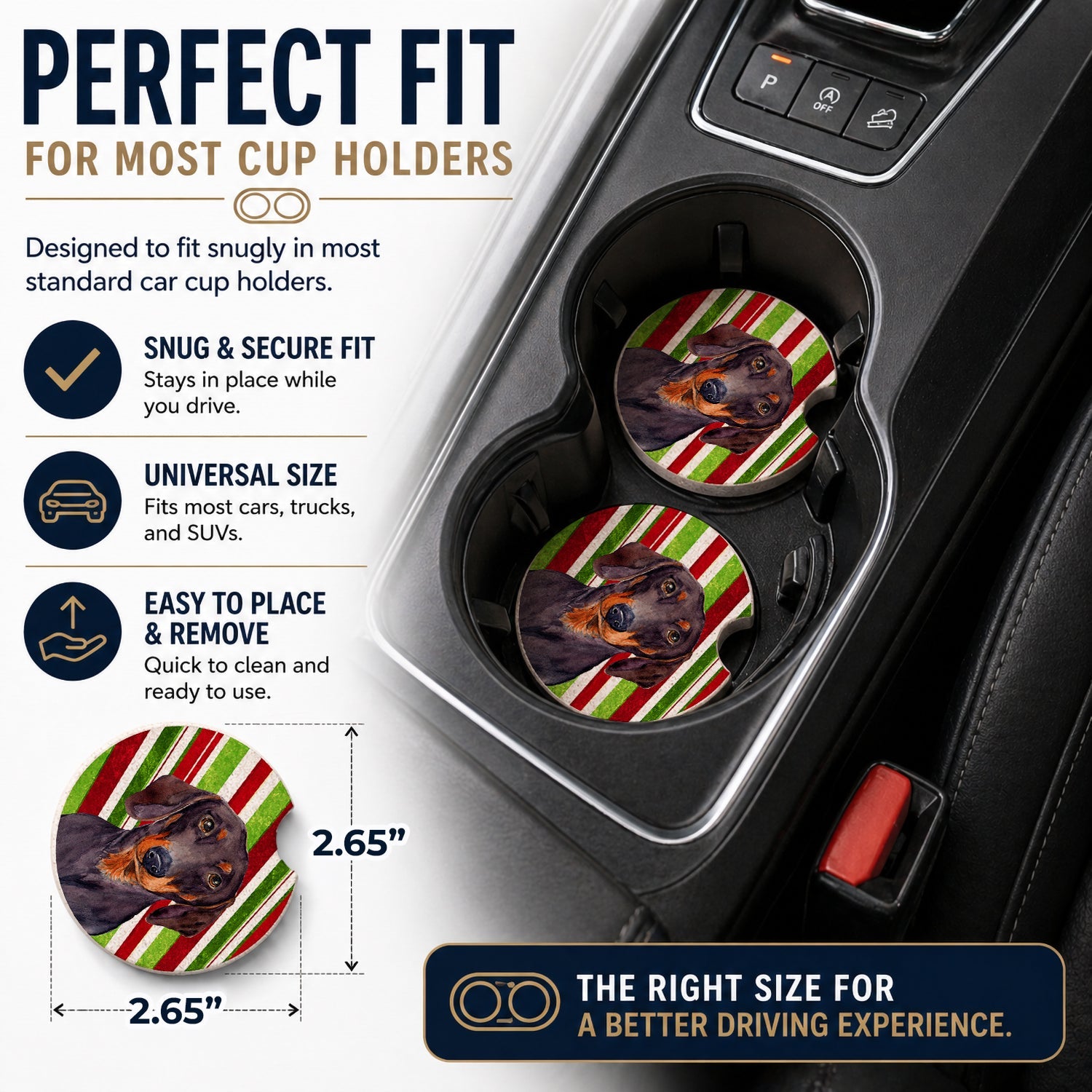 Dachshund Candy Cane Holiday Christmas Set of 2 Cup Holder Car Coasters Absorbent Round Sandstone Coasters Gifts for Men or Women, 2.5, Multicolor