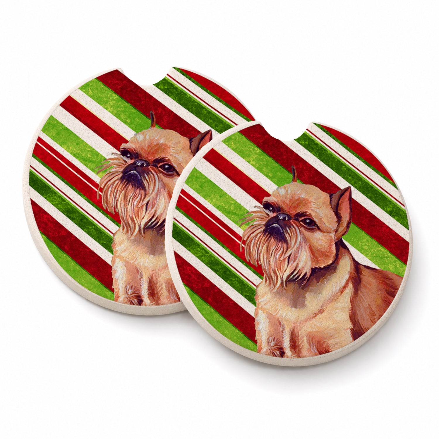 Brussels Griffon Candy Cane Holiday Christmas Set of 2 Cup Holder Car Coasters Absorbent Round Sandstone Coasters Gifts for Men or Women, 2.5, Multicolor