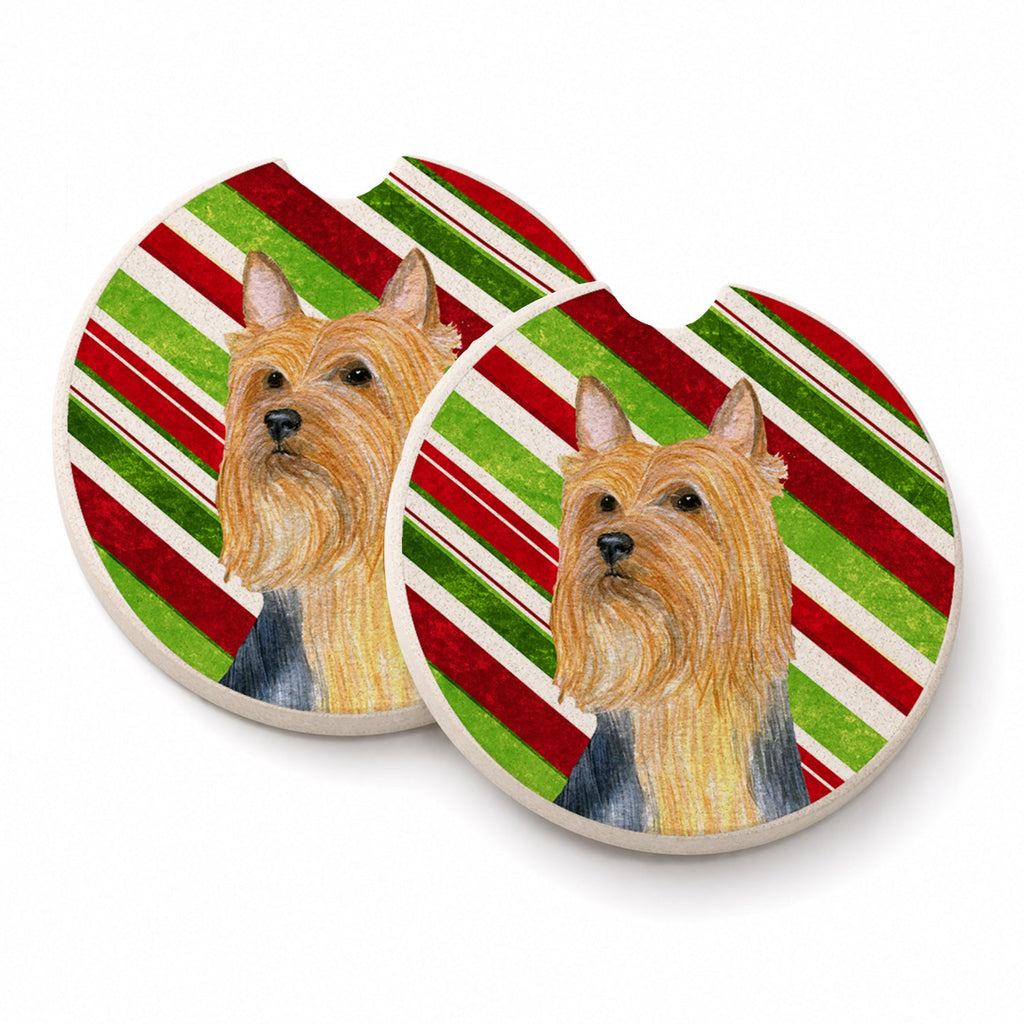 Silky Terrier Candy Cane Holiday Christmas Set of 2 Cup Holder Car Coasters Absorbent Round Sandstone Coasters Gifts for Men or Women, 2.5, Multicolor