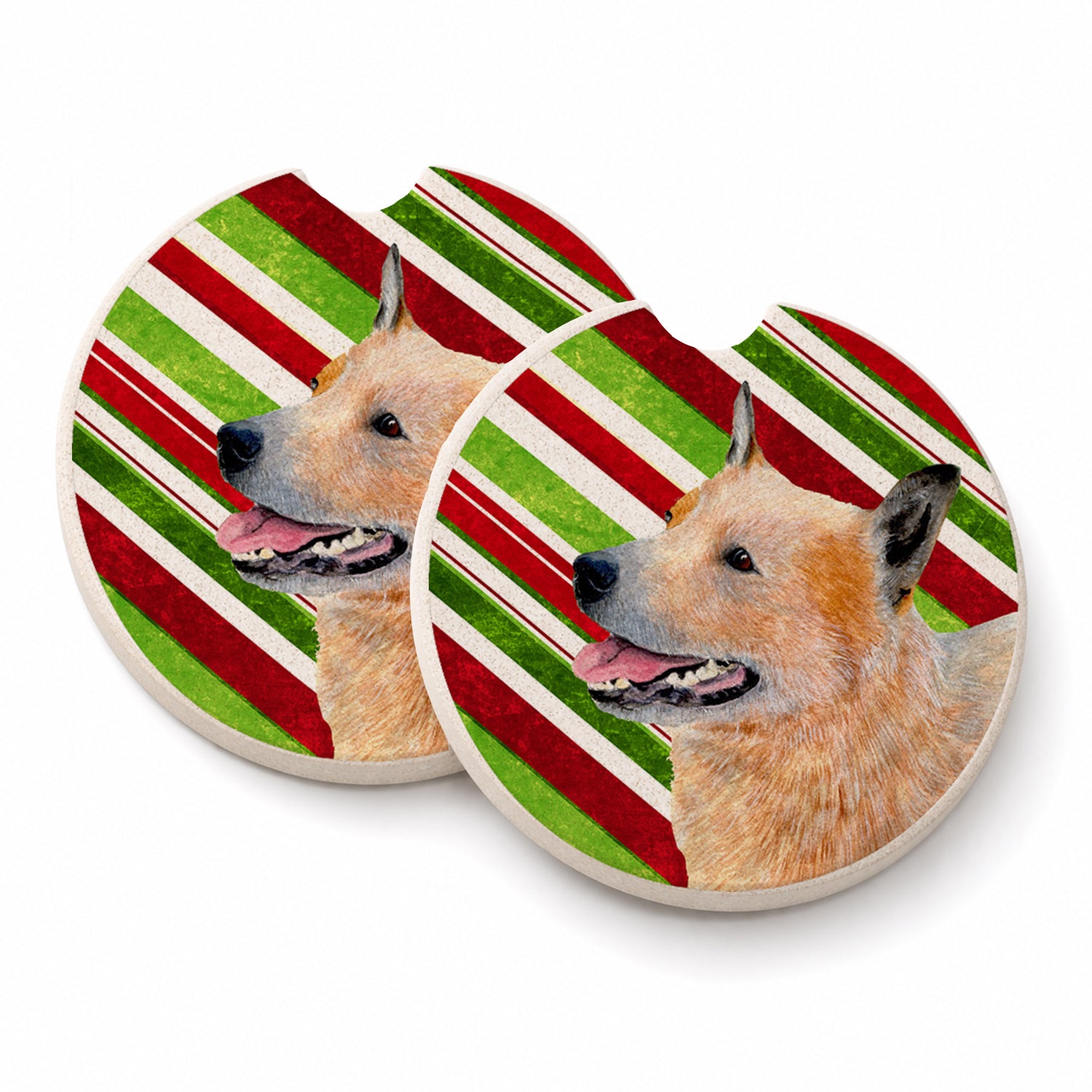 Australian Cattle Dog Candy Cane Holiday Christmas Set of 2 Cup Holder Car Coasters Absorbent Round Sandstone Coasters Gifts for Men or Women, 2.5, Multicolor