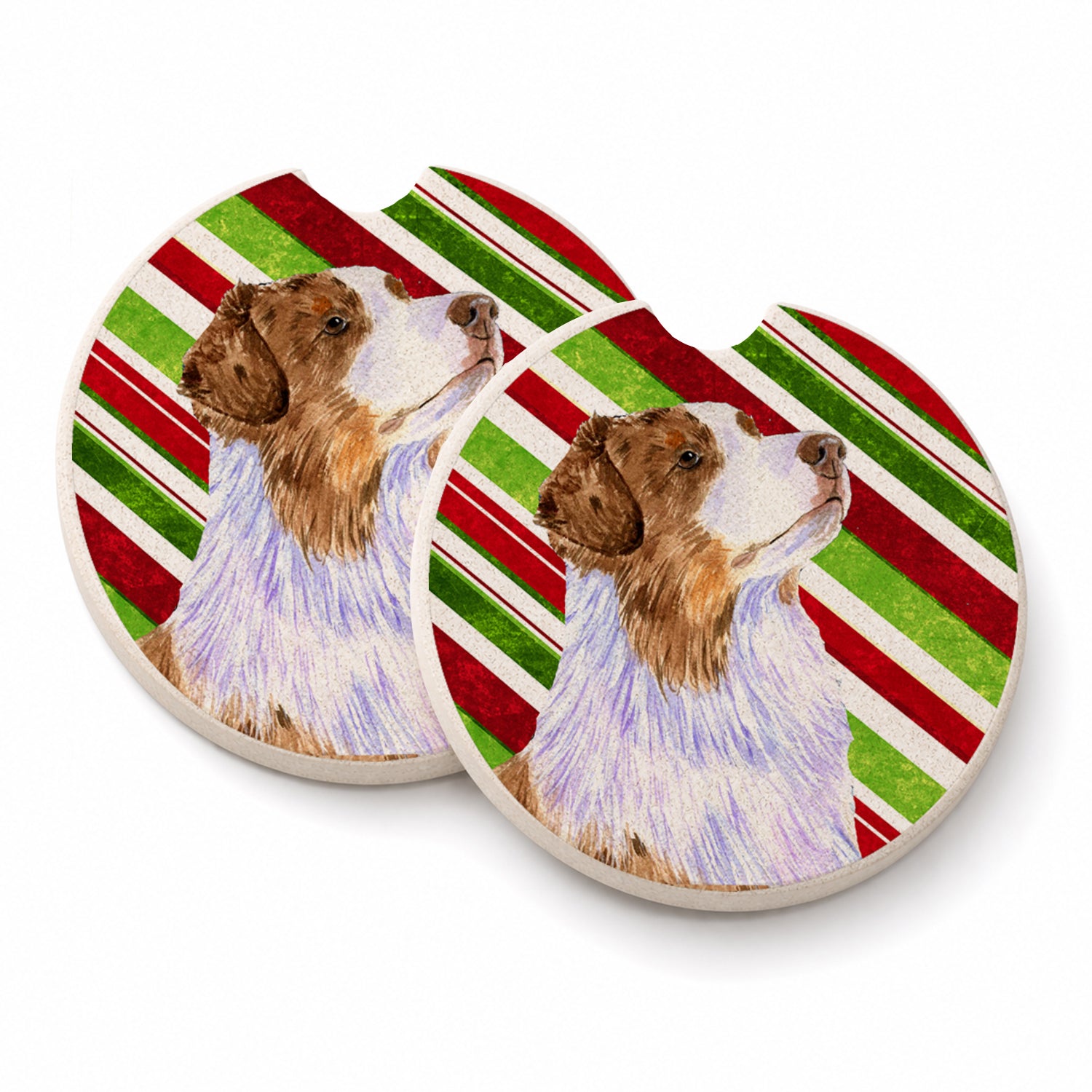 Australian Shepherd Candy Cane Holiday Christmas Set of 2 Cup Holder Car Coasters Absorbent Round Sandstone Coasters Gifts for Men or Women, 2.5, Multicolor