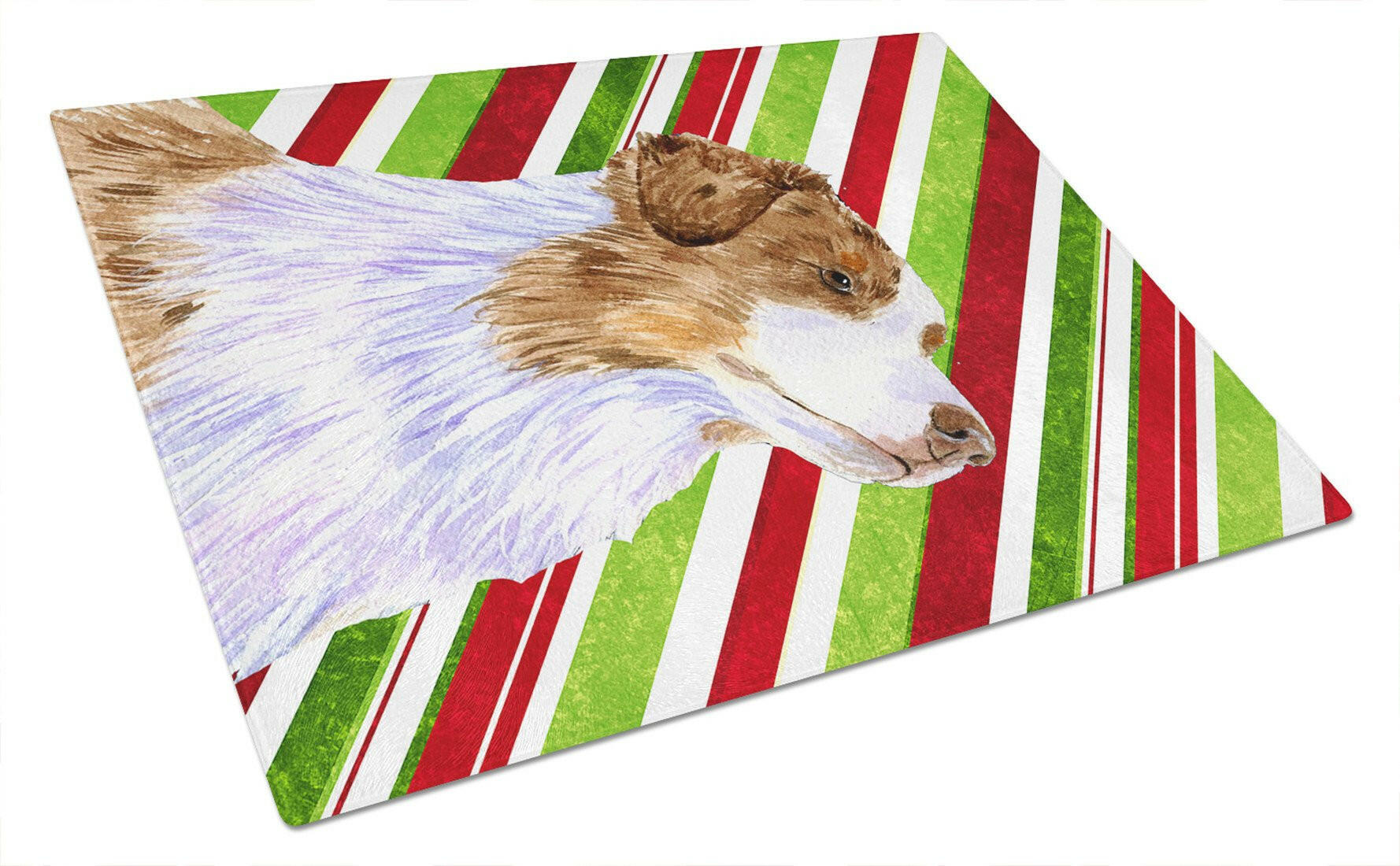 Australian Shepherd Candy Cane Holiday Christmas Cutting Board Tempered Glass Kitchen Cutting Surface, Heat Resistant Chopping, Non-Slip Feet, Food Prep & Serving