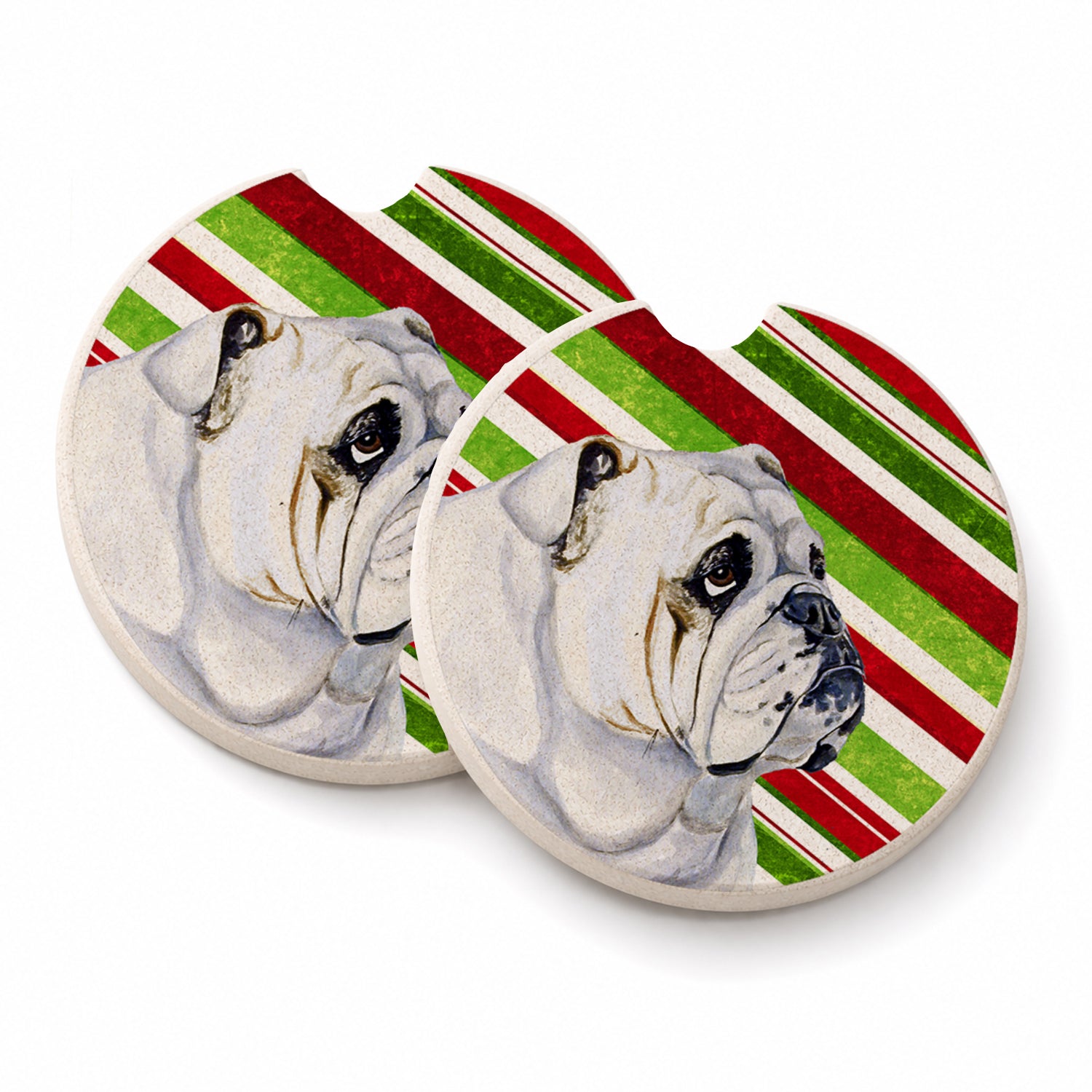Bulldog English Candy Cane Holiday Christmas Set of 2 Cup Holder Car Coasters Absorbent Round Sandstone Coasters Gifts for Men or Women, 2.5, Multicolor