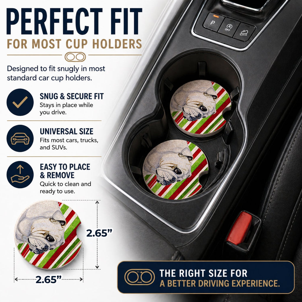 Bulldog English Candy Cane Holiday Christmas Set of 2 Cup Holder Car Coasters Absorbent Round Sandstone Coasters Gifts for Men or Women, 2.5, Multicolor