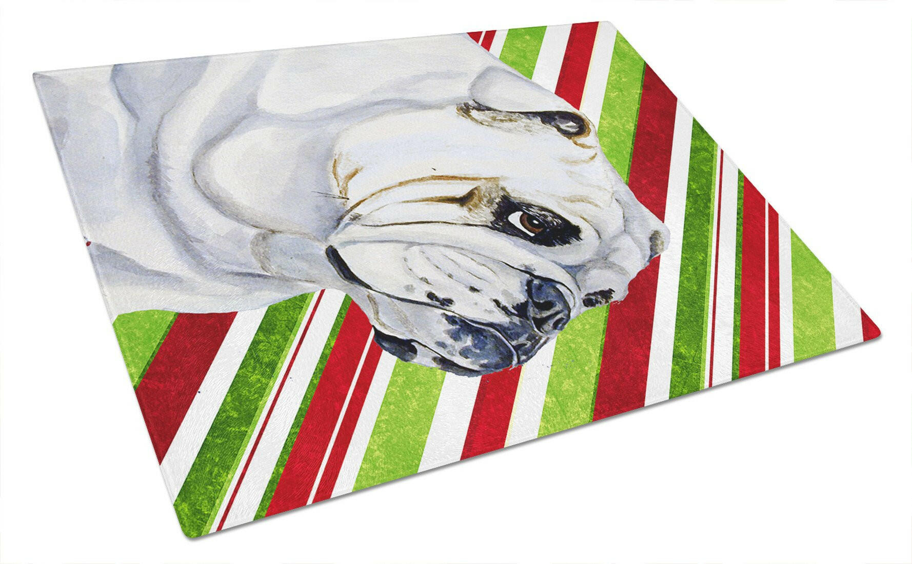 Bulldog English Candy Cane Holiday Christmas Cutting Board Tempered Glass Kitchen Cutting Surface, Heat Resistant Chopping, Non-Slip Feet, Food Prep & Serving