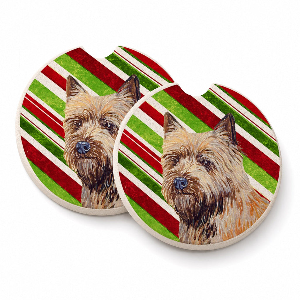 Cairn Terrier Candy Cane Holiday Christmas Set of 2 Cup Holder Car Coasters Absorbent Round Sandstone Coasters Gifts for Men or Women, 2.5, Multicolor